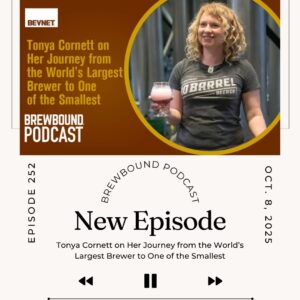 Tonya Cornett Brewbound Podcast episode cover holding a beer, featuring UPP Liquids co-founder on craft beer journey